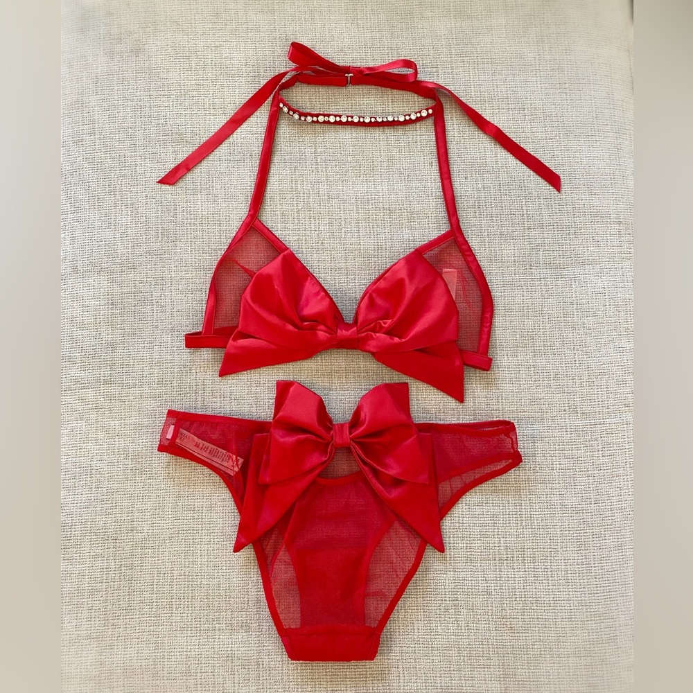 Victoria Secret Rhinestone and Bow Choker Bra and Panties